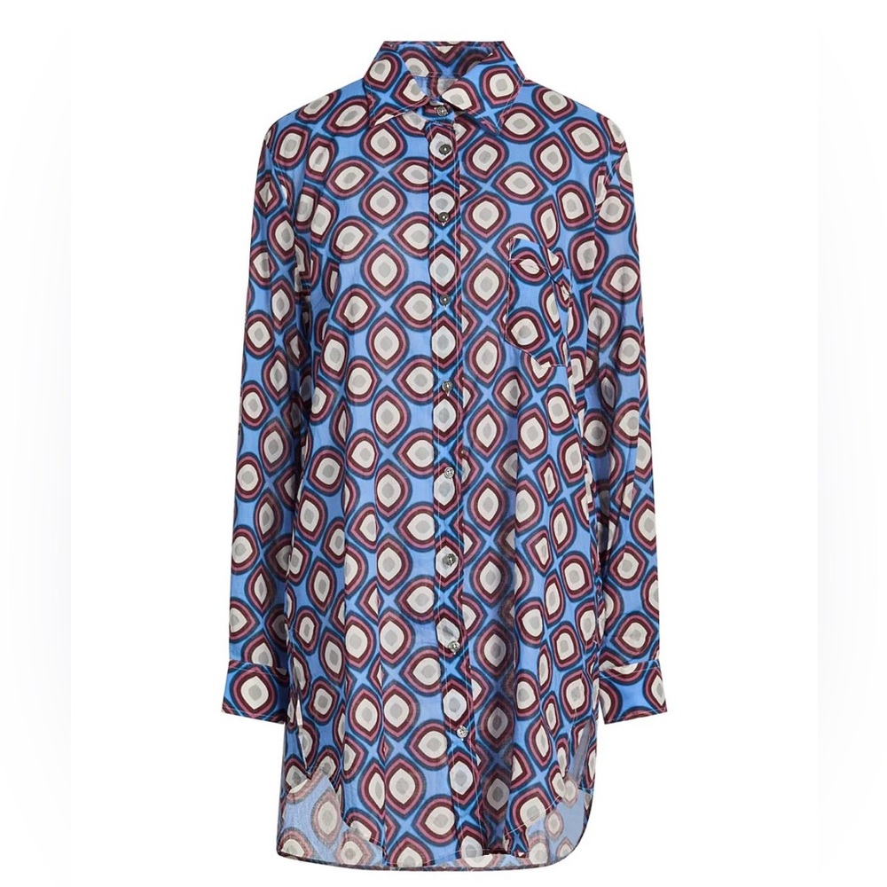 0039 Italy Geometric Blue Button-Up Roll Tab Sleeve Collared Tunic‎ Shirt Size M